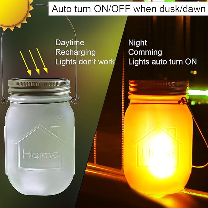 Solar Mason Jar Flicker Lights Upgraded, 4 Pack Flickering Torches Lights Outdoor Hanging Lanterns Landscape Decoration Lighting Dusk to Dawn Auto On/Off Security Halloween Torch Lights
