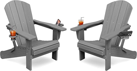 KINGYES Folding Adirondack Chair Set of 2, Dual Cup Holders & All-Weather HDPE, Wood-Like Patio Chair for Backyard, Camping, Pool & Fire Pit, Grey