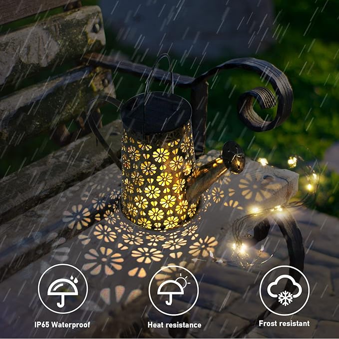 Solar Watering Can Lights Outdoor Waterproof, Retro Metal Hanging Lantern With String Lights, Garden Decor for Patio Porch Lawn Driveway Yards Backyard Pathway