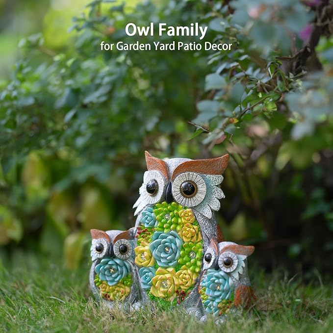 Solar Garden Statue Lights Owl Figurine with LED Lights, Outdoor Garden Succulent Ornaments Waterproof Decoration for Outside Patio Yard Lawn Decor