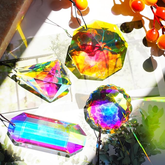 4PCS Colorful Crystal Prism Suncatcher Hanging Crystal Ornament for Window Sun Catchers Feng Shui Decor for Indoor Outdoor Home Garden Decoration