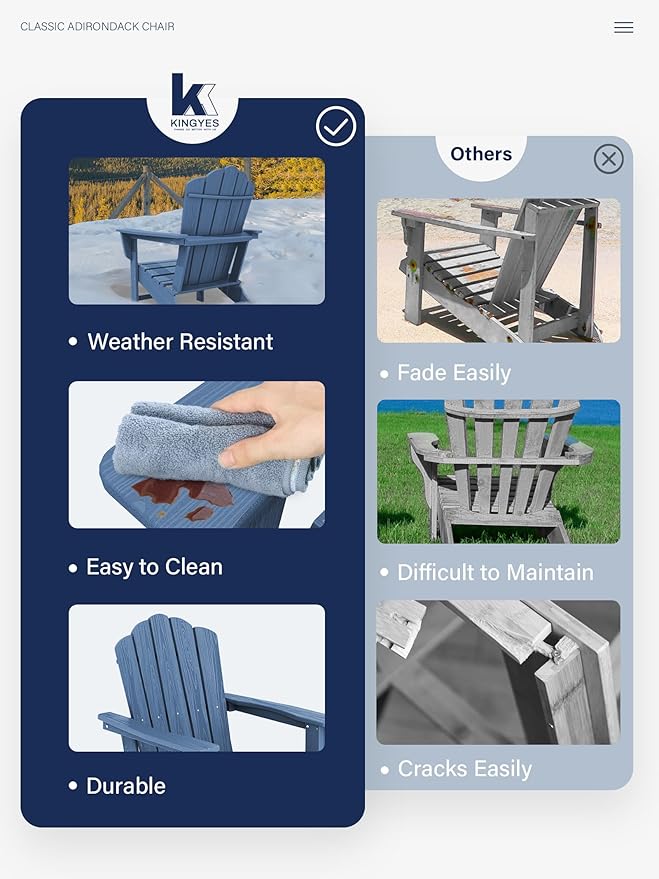 KINGYES HDPE Adirondack Chair, Classic All-Weather Adirondack Chairs Set of 2, Outdoor Patio Adirondack Chair for Deck Lawn fire Pit, Navy