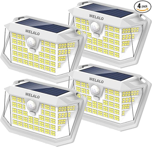 Solar Motion Sensor Lights Outdoor, [3 Modes/4 Pack/188 LED] 270° Wide Angle Lighting, Security Solar Powered Wall Lights, IP65 Waterproof Flood Lights for Fence Porch Yard Patio(White)