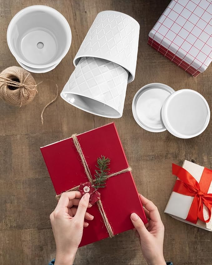 EFISPSS Flower Planter –5 inch Ceramic Plant Pots with Drainage Holes and Ceramic Tray - Gardening Home Desktop Office Windowsill Decoration Gift Set of 4 - Plants NOT Included (White)