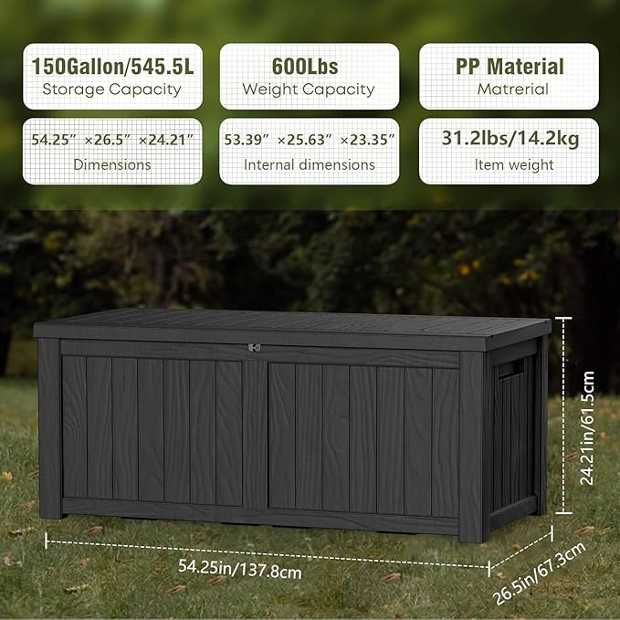 150 Gallon Outdoor Storage Box Waterproof Lockable Resin Deck Box Large, Patio Storage Bin for Pool Accessories Cushion Furniture, Garden Tools, UV-Resistant Outside Delivery Black