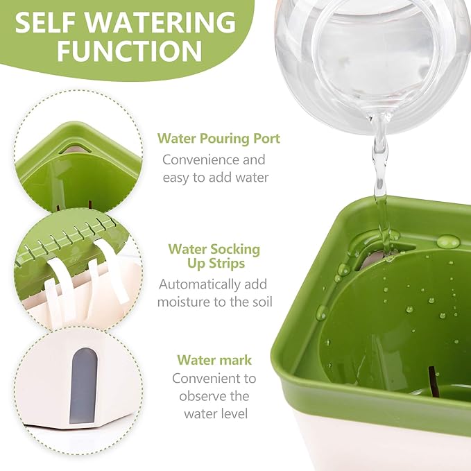 OurWarm Windowsill Herb Planter Box Indoor Set of 3, 10.5 Inch Self Watering Planter Pots with Visual Water Level Window, Modern Plastic Plant Pots for Herbs, Vegetables, Succulents Plants