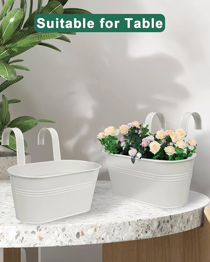 vensovo Metal Railing Planter for Outdoor Plants - 3 Pack Balcony Hanging Flower Pots with Detachable Hooks and Drain Holes Oval Bucket Rail Box Fence Planters for Home Garden Decor, White