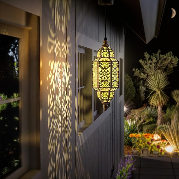 Twinkya 2 Pack Hanging Solar Lights Outdoor Garden Decorative Solar Lantern Waterproof Metal Moroccan Outdoor Decorations for Patio Pathway Yard Porch Backyard Garden Decor (Gold, 2 Pack)