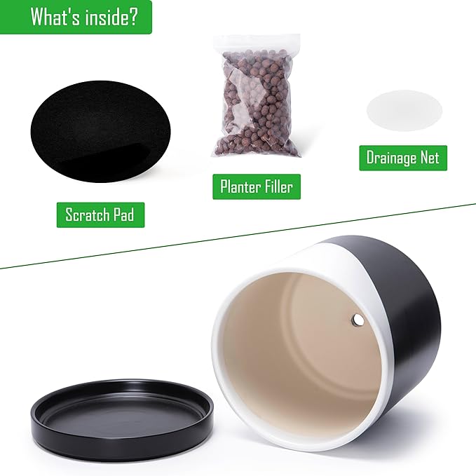 D'vine Dev 12 Inch Ceramic Planter Pot with Drainage Hole and Saucer, Indoor Cylinder Round Planter Pot, Oblique Monochrome Black and White, 94-O-F-K