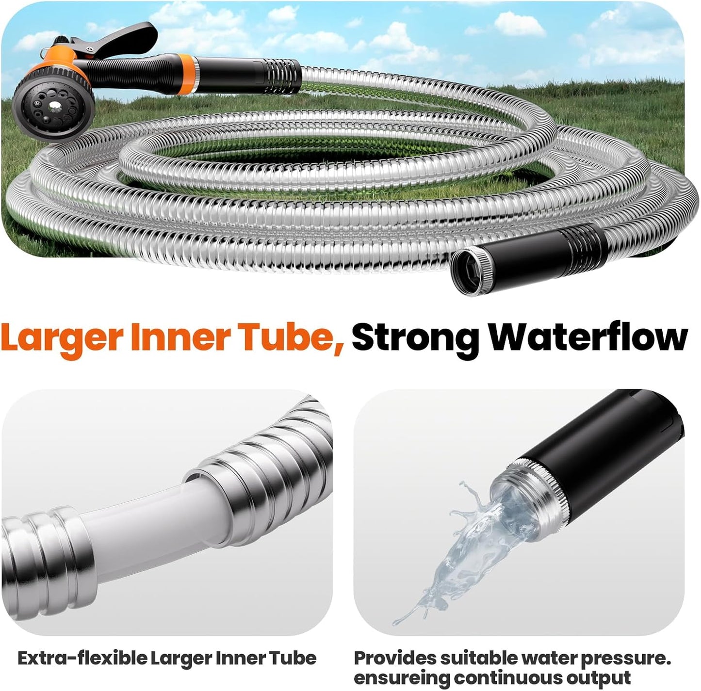 Garden Hose 50 FT, Flexible Metal Hose with 10 Function Nozzle, Kink Free, Lightweight, Durable, Crush Resistant Fitting, Easy to Coil, Puncture Proof Hose for Yard, Rv, 600 PSI 2025 New