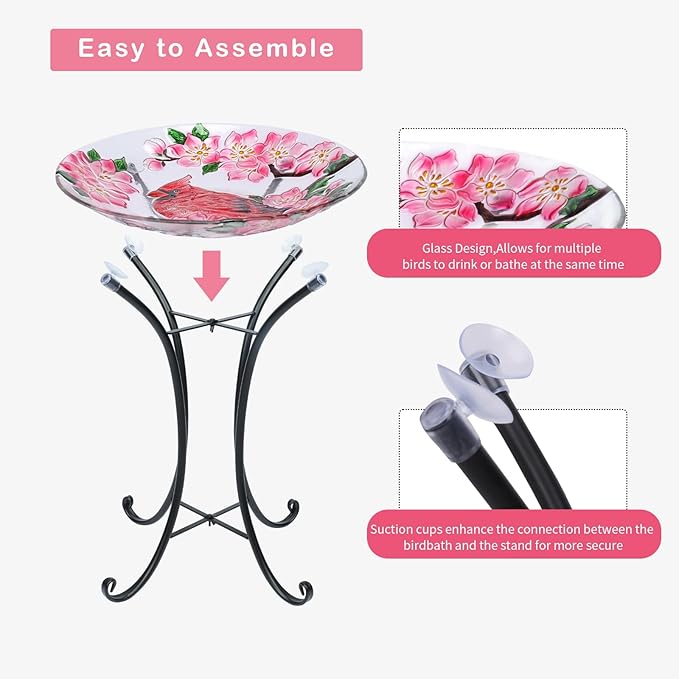 VCUTEKA Bird Baths for Outdoors, Glass Bird Bath with Metal Standing for Garden, Yards Patio Décor, Bird Lovers Gift, Cardinal Glass Birdbath Detachable (22" H * 18" W)