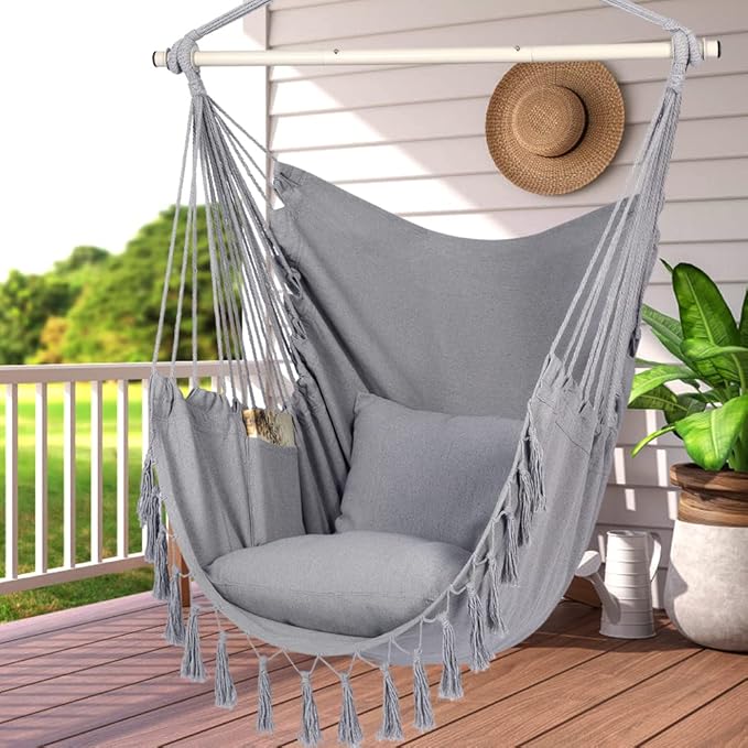 Y- STOP Hammock Chair Hanging Rope Swing, Max 500 Lbs, 2 Cushions Included, Large Macrame Hanging Chair with Pocket for Superior Comfort, with Hardware Kit (Light Grey)