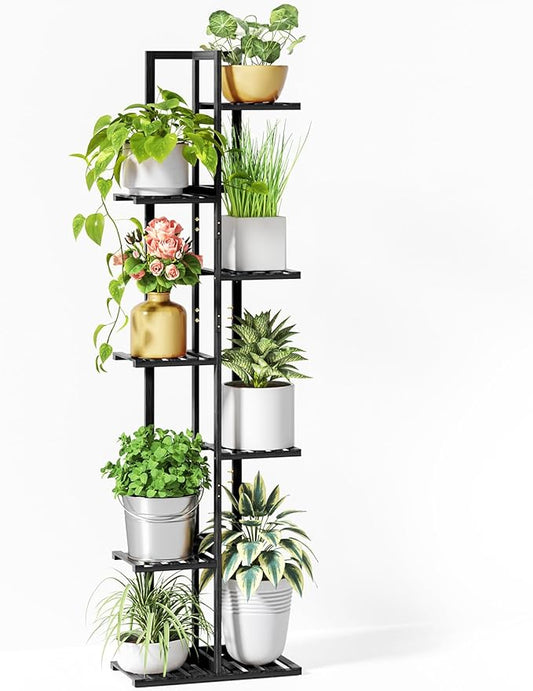 ROSSNY Plant Stand Indoor, 7 Tier 8 Potted Bamboo Plant Stands for Indoor Plants, Corner Plant Stand, Tiered Plant Stands, Plant Shelf For Indoor, 55 Inch Tall Planter Holder for Multiple Plants Indoor, Black