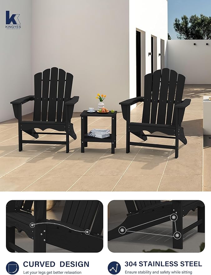KINGYES HDPE Adirondack Chair, Classic All-Weather Adirondack Chair Set of 2, Black