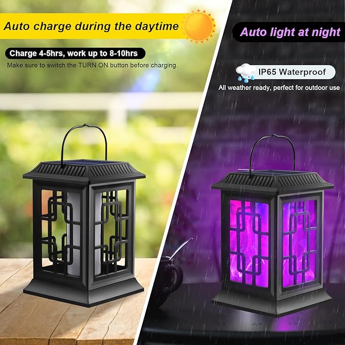 2 Pack Solar Flickering Flame Lanterns, Waterproof Hanging Outdoor Solar Lights for Garden, Patio, Yard, Pathway Decoration (Purple)