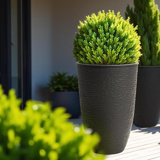 WORTH Garden 2-Pack 21" H. Black Tall Planters with Inside Pots - 14'' Dia Plastic Large Round Plant Tree Pots - Decorative Imitation Stone Finish for Indoor Outdoor Front Porch Container Patio