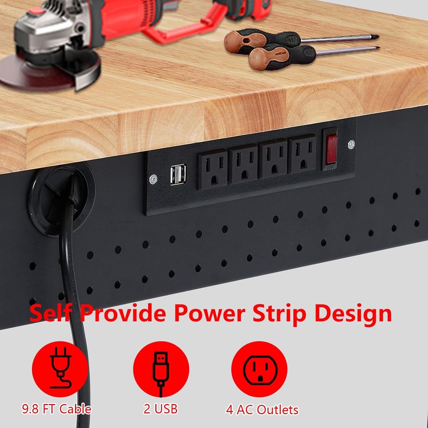 72" x 25" Heavy-Duty Adjustable Workbench with Power Outlets - 2000LB Capacity Garage Workbench, Rubberwood Top, Locking Wheels, Mobile Workstation for Workshop, Office & Home