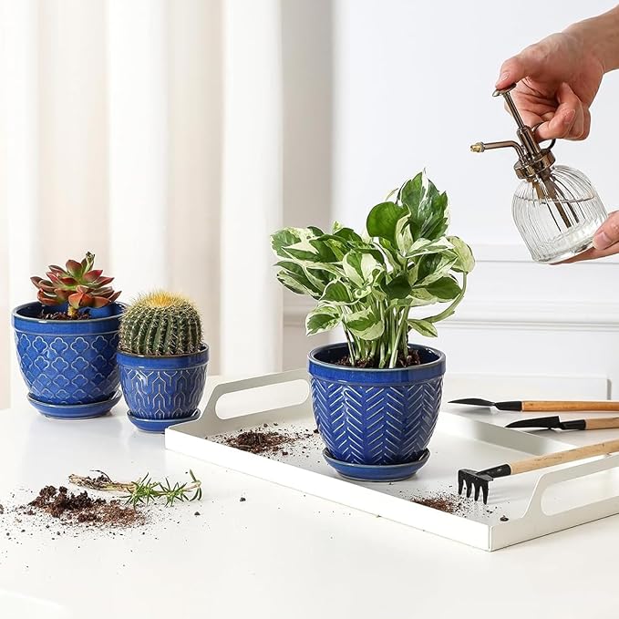 Sureasy Ceramic Plant Pots, 4.7 Inch Flower Pots for Indoor Plants, Succulent Pots with Saucer and Drainage Hole, Decorative Planter for Succulent, Cactus, Set of 4, Blue