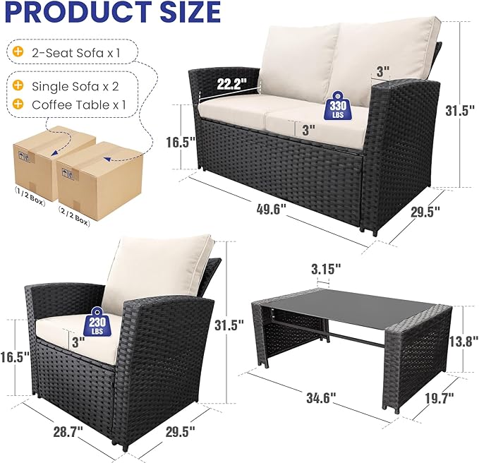 4 Piece Outdoor Patio Furniture Set,Wicker Conversation Sets Outdoor Sectional Patio Sofa Couch with Cushions & Coffee Table for Outside, Garden, Balcony, Porch,Black/Beige