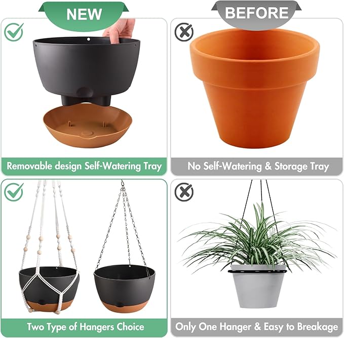 Set of 2-10 Inch Hanging Planters for Indoor Plants with Self-Watering Includes Hanging Pots for Plants, Outdoor Hanging Plant Pot with Drainage, and 2 Types of Hanging Baskets Hangers (Black, 10inch)