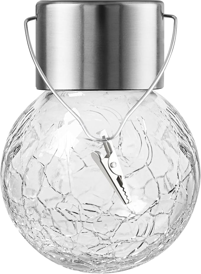 PARTPHONER 32 Pack Hanging Solar Lights Outdoor, Waterproof Solar Globe Lantern with Handle and Clip, Decorative Cracked Glass Ball Lights for Christmas Decor, Tree, Yard, Garden, Patio (Cold White)