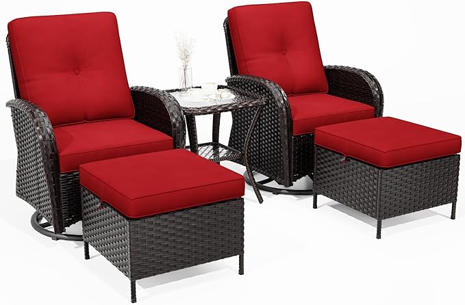 Joyside 5 Piece Patio Furniture Set, Outdoor Swivel Chair Sets with Thick Cushion and Ottoman, Wicker Patio Conversation Set for Porch, Deck Use (Brown/Red, 5 PCS)