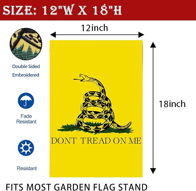 US Embroidered Dont Tread On Me Garden Flag Double Sided 12x18 Inch American Gadsden Yard Lawn Garden Flags Banner Heavy Duty Vivid Color
