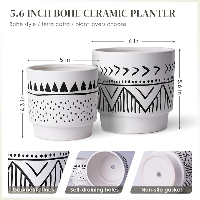 Boho 6 Inch Ceramic Plant pots, Geometric Ceramic Embossed Flower Pots Indoor with Drainage Holes, 2 Set Minimalistic Planters for Indoor and Outdoor Plants(Beige&Black)