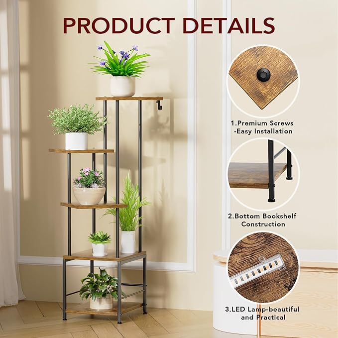 Plant Stand Indoor with Grow Light, 5-Tiered Tall Plant Stand Indoor, Metal Plant Shelf with Hanging Basket Hook and Adjustable Light, Ideal for Living Room, Garden, Patio,Brown and Black（2 pcs ）