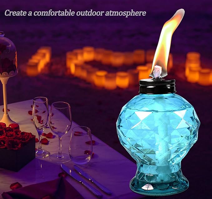 Tewei 4 Pack Blue Table Top Light Torches Outdoor, Mini Glass Torches Lanterns for Outside, Easy to Refill Citronella Torches for Garden Patio Yard Party