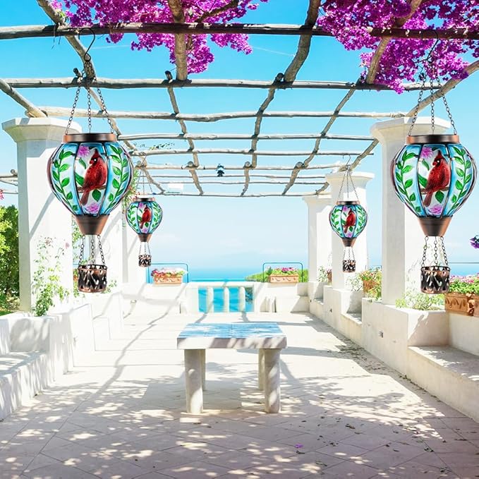 Starsoul Cardinal Hot Air Balloon Solar Flickering Flame with Candle Holder Outdoor Solar Lantern Hot Air Balloon Solar Light Waterproof Hanging Solar Balloon Lamp Garden Patio Yard Decor