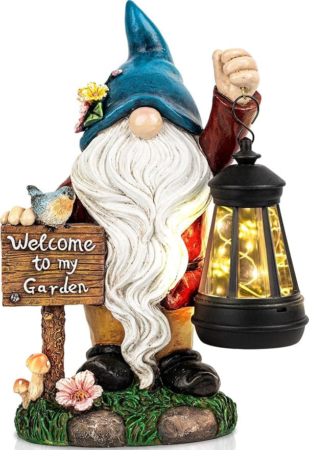 C&Y&G&X Solar Garden Gnome Statue – Waterproof Outdoor Decor with Solar Lantern LED Lights and Welcome Sign for Yard, Lawn, Patio – Ideal Gift for Grandma Mom Women