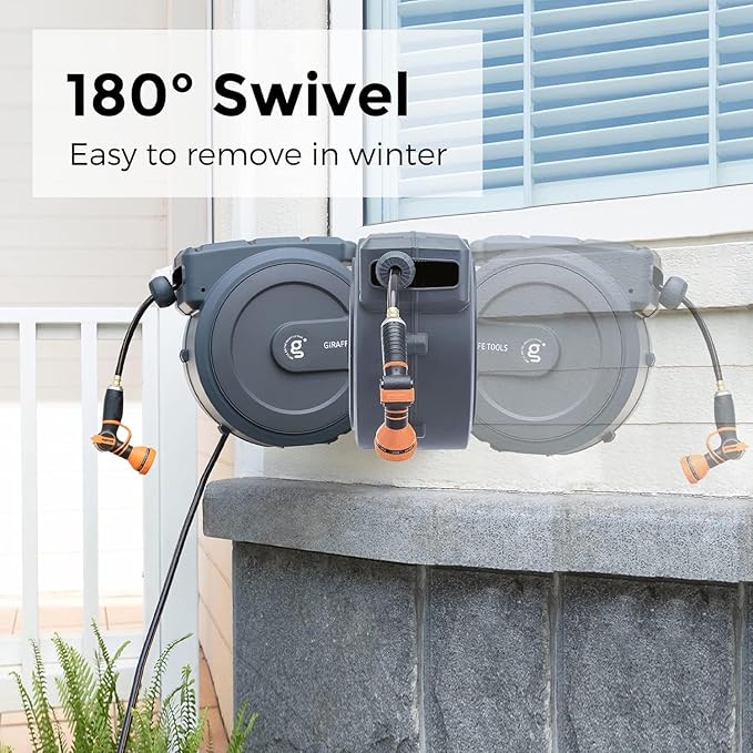 Giraffe Tools Retractable Hose Reel 5/8" x 90 ft Wall Mounted Garden Hose Reel Heavy Duty, Automatic Rewind, 180 Deg Swivel, Any Length Lock, 9 Pattern Nozzle, 90 ft, Dark Grey