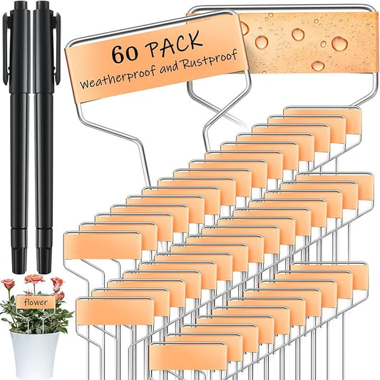 Moxweyeni 60 Pcs Metal Garden Tags Plant Labels for Garden Waterproof Plant Markers with 2 Permanent Pen Planting Nursery Garden Tags Reusable Garden Labels Stake for Plants (Copper Color,6 Inch)