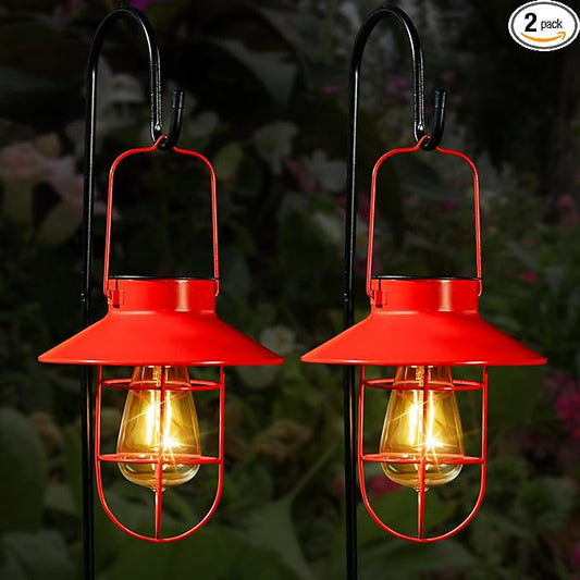 Solar Lantern with Shepherd Hook, Solar Lights Lantern lamp, Outdoor Lights Decor, Water Resistant Edison Bulb Lights for Garden Decor ,Outside Decor for Pathways,Patio, Lawn or Yard (Red，2 Pack)