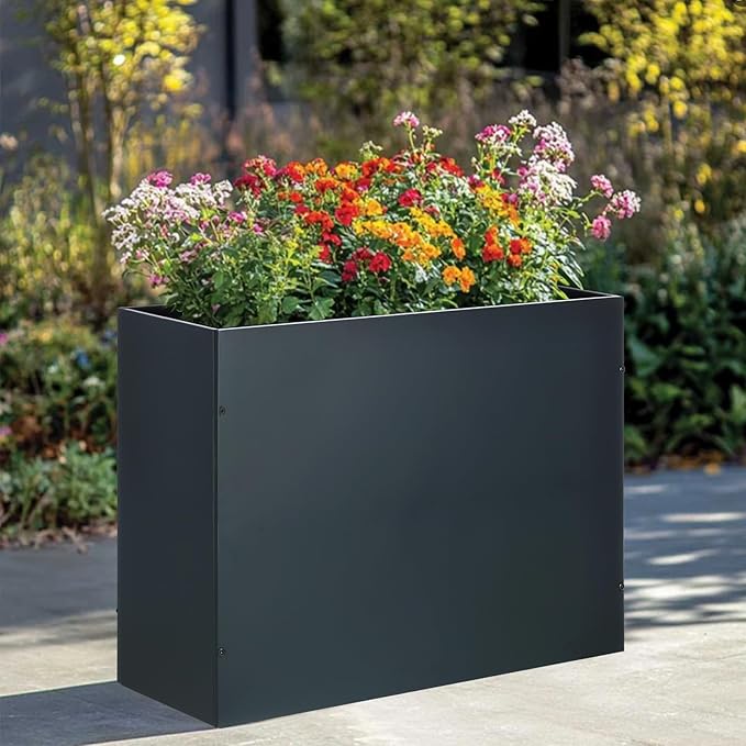 BAYN Metal Rectangular Planter Box Tall Planters for Outdoor Plants Modern Heavy Duty with Drainage Holes for Outside Indoor Patio Deck - Grey, 32”x 12”x 24”
