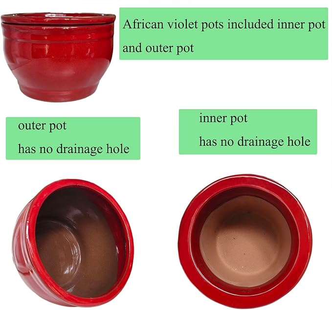 African Violet Pots Self Watering Round Ceramic Violet Pot (red, 6 inch)