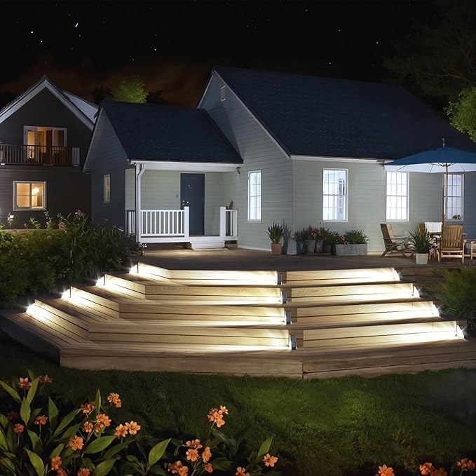 KINKAI 12 Pack Solar Stair Lights, Outdoor Step Light Waterproof Deck Lighting for Outside Garden Front Door Porch Yard Patio Decor (White Light)