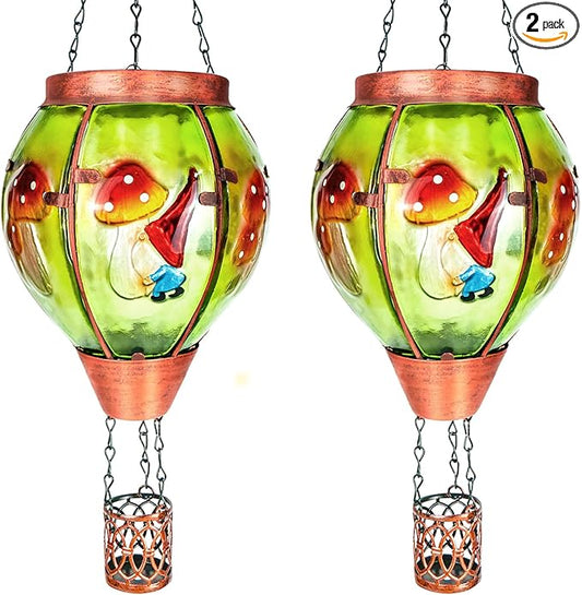 2 Pack Solar Hot Air Balloon Lantern with Flame，Mushroom Gnome Glass Solar Hanging Lanterns Outdoor for Outside Garden Patio Tree Porch Yard, Mushroom Gifts for Women Grandma Mom - Mushroom