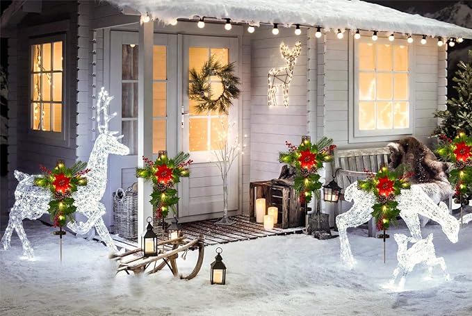 2 Pack Outdoor Solar Lights Christmas Decorations, Cross Stake Lights with Faux Poinsettia Pine Cones Red Berries and Foliage for Garden Patio Grave