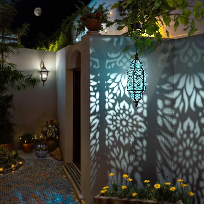 Twinkya 2 Pack Hanging Solar Lights Outdoor Garden Decorative Solar Lantern Waterproof Metal Moroccan Outdoor Decorations for Patio Pathway Yard Porch Backyard Garden Decor (Black, 2 Pack)