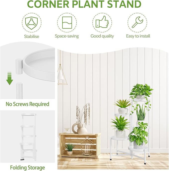 iDavosic.ly 5 Tier Large Plant Stand Indoor with 10 Inch Wide Tray, Tiered Corner Metal Outdoor Flower Display Holder Shelf, Folding Tall Rack for Patio Porch Living Room, White