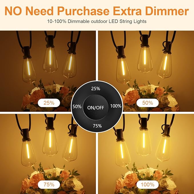 100FT Remote Outdoor String Lights for Outside, 50+2 LED Waterproof Shatterproof Edison Dimmable Timer Bulbs, 2500K Warm White Patio Lights for Garden Backyard Yard Hanging Lighting