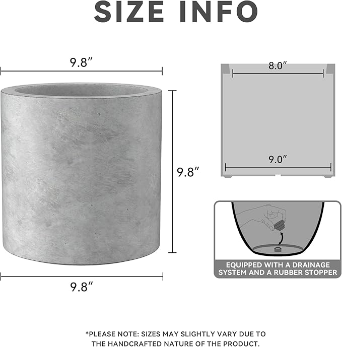 Kante 9.8" Dia Round Concrete Planter, Modern Style Large Cylindrical Plant Pot with Drainage Hole and Rubber Plug for Indoor Outdoor Patio, Natural Concrete
