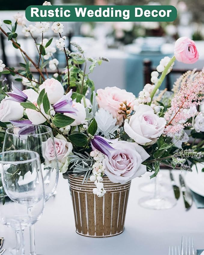 vensovo 6 Inch Brown Metal Rustic Flower Pots - 6Pcs Galvanized Planters with Drainage Hole and Rubber Plug, Rustproof Small Metal Bucket Plant Pots Farmhouse Vintage Style for Decor