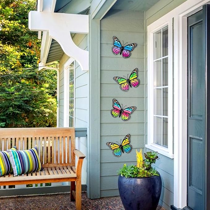 EOORAU Metal Butterfly Wall Decor - 4 pcs Butterflies Wall Sculpture Hanging Decorations for Indoor Outdoor Fences Patio Yard Fence Garden Decorations