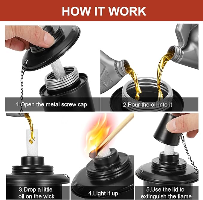 Nonley 8 Pack Torch Canisters, 16 oz. Torch Replacement Canister Bamboo Torches Refill Canister with Wicks and Covers, Metal Decorative Lighting Torches for Lawn Patio Backyard,Garden, Outdoor Decor