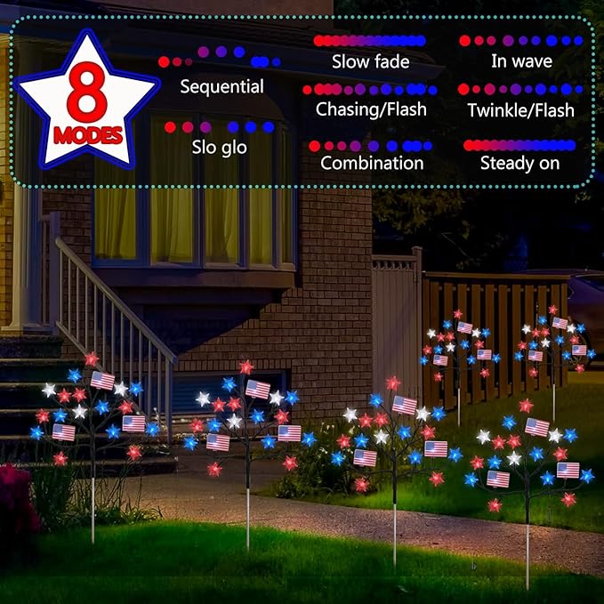 HUGSVIK 4 Packs 80LED 4th of July Decorations Outdoor, Upgraded Red White and Blue Solar Lights with Stars & American Flags, Outdoor Memorial Day Decorations Patriotic Lights for Yard Pathway Garden