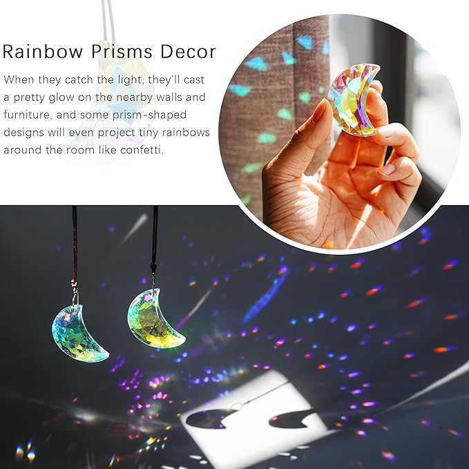 HDCRYSTALGIFTS 2pcs 50mm Crystal Prisms Sun Catchers,Half Moon Drop Hanging Suncatchers for Windows, Rainbow Maker Crystals Decoration