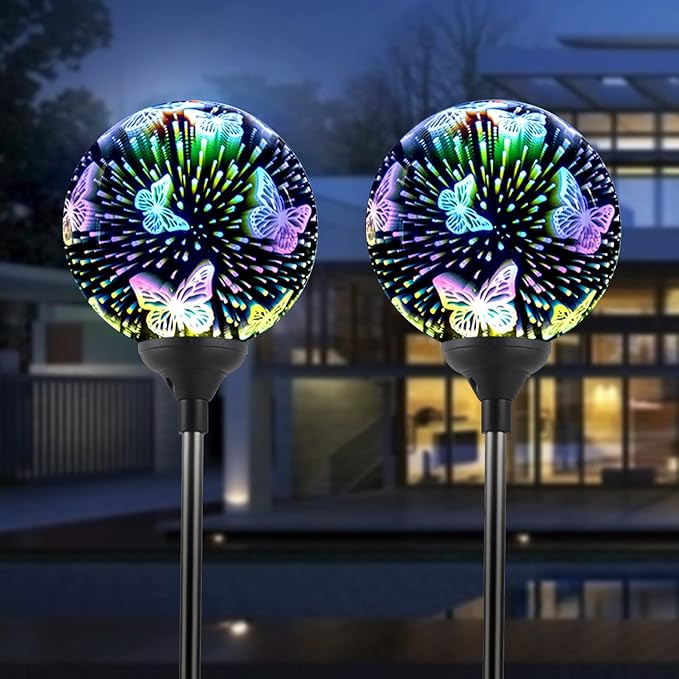 WNP Solar Outdoor Garden Light Decoration,Colorful Landscape Ball Stake Lights,2 Pack Outside Garden Light Decorative,Yard Solar Lights Waterproof Glass Decor Patio Path (2 Pack Butterfly)